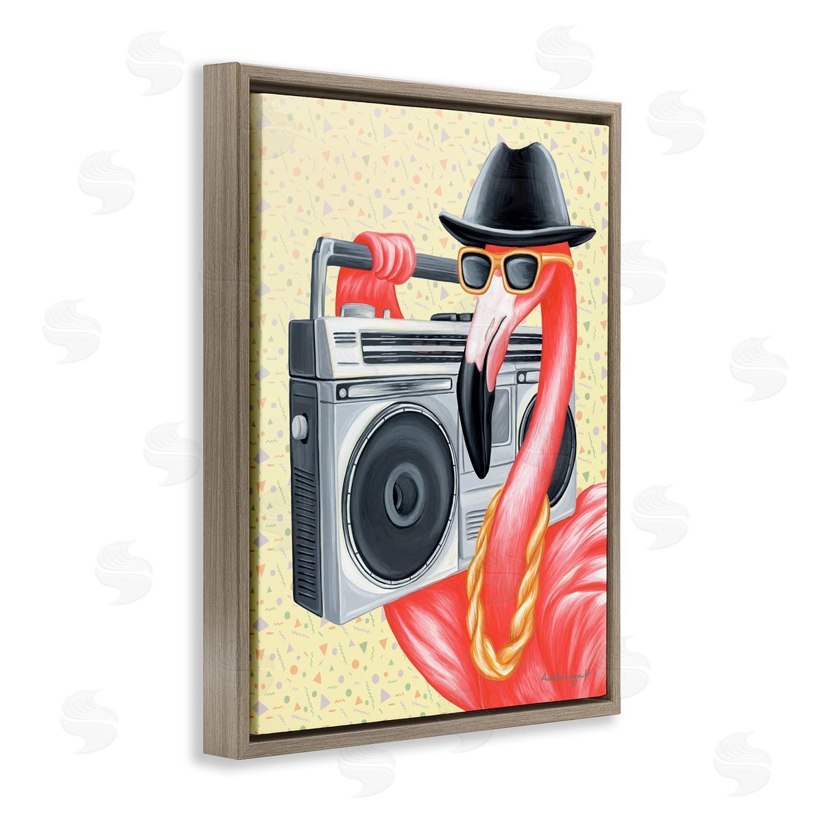 Amelie Legault Funky Retro Flamingo Boombox Music Geometric Pattern Brown Floating Frame Canvas Wall Art Print