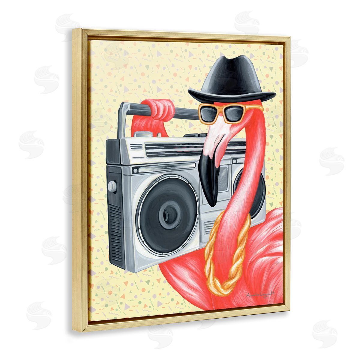 Amelie Legault Funky Retro Flamingo Boombox Music Geometric Pattern Gold Floating Frame Canvas Wall Art Print