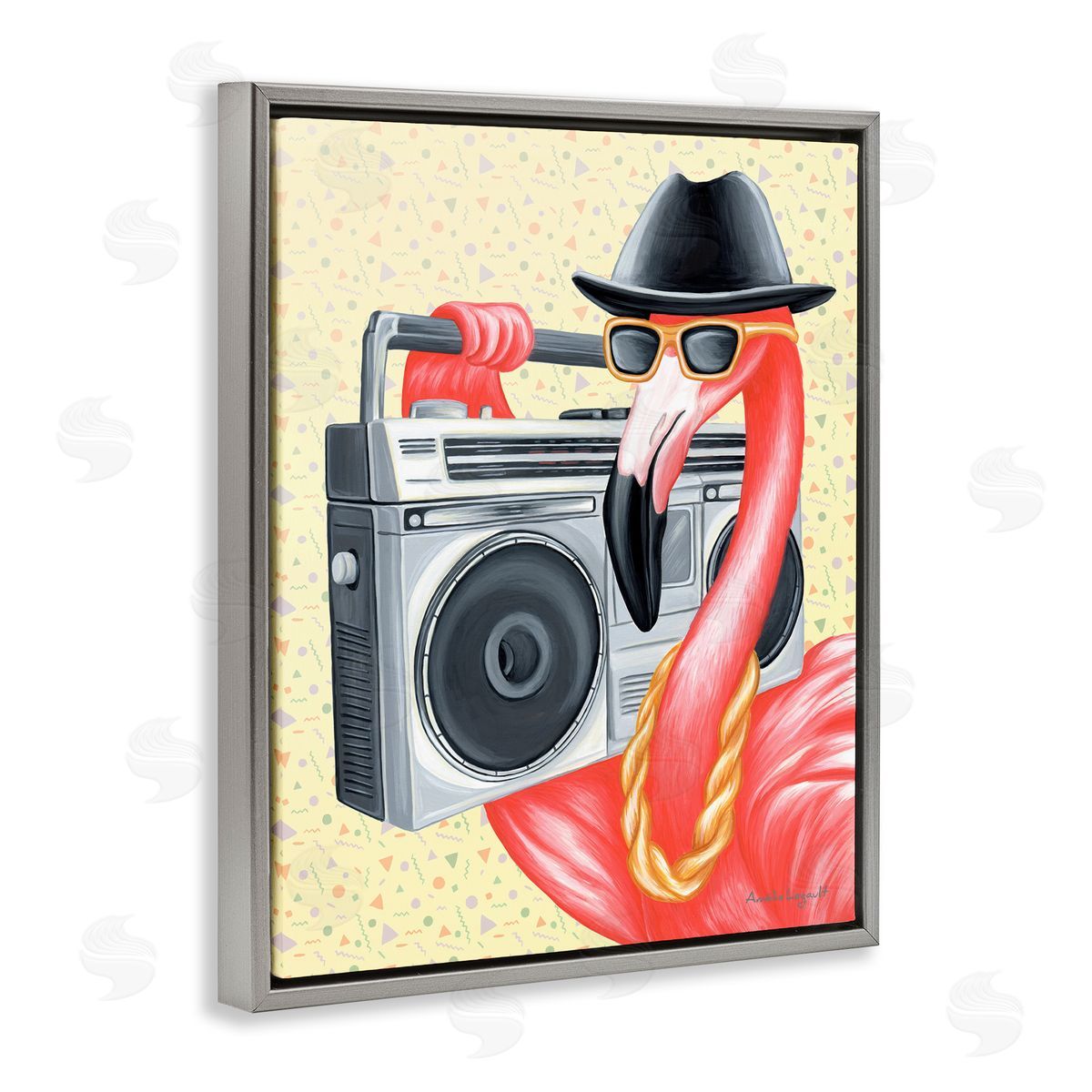 Amelie Legault Funky Retro Flamingo Boombox Music Geometric Pattern Gray Floating Frame Canvas Wall Art Print