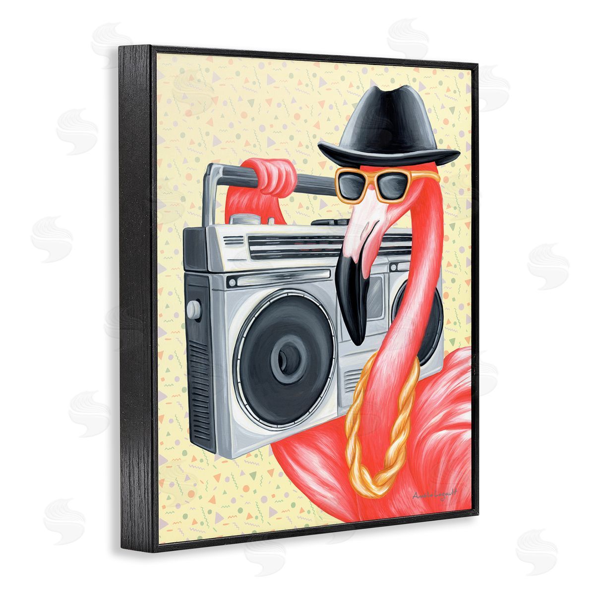 Amelie Legault Funky Retro Flamingo Boombox Music Geometric Pattern Black Framed Giclee Wall Art Print