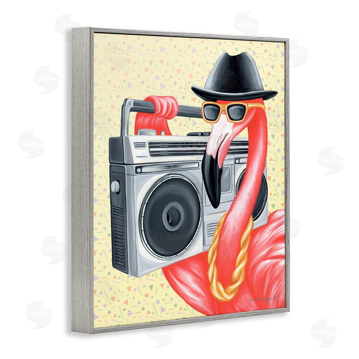 Amelie Legault Funky Retro Flamingo Boombox Music Geometric Pattern Gray Framed Giclee Wall Art Print