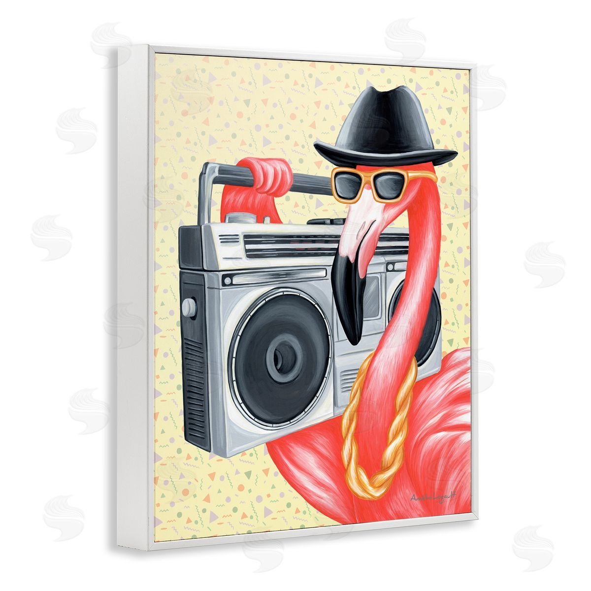 Amelie Legault Funky Retro Flamingo Boombox Music Geometric Pattern White Framed Giclee Wall Art Print