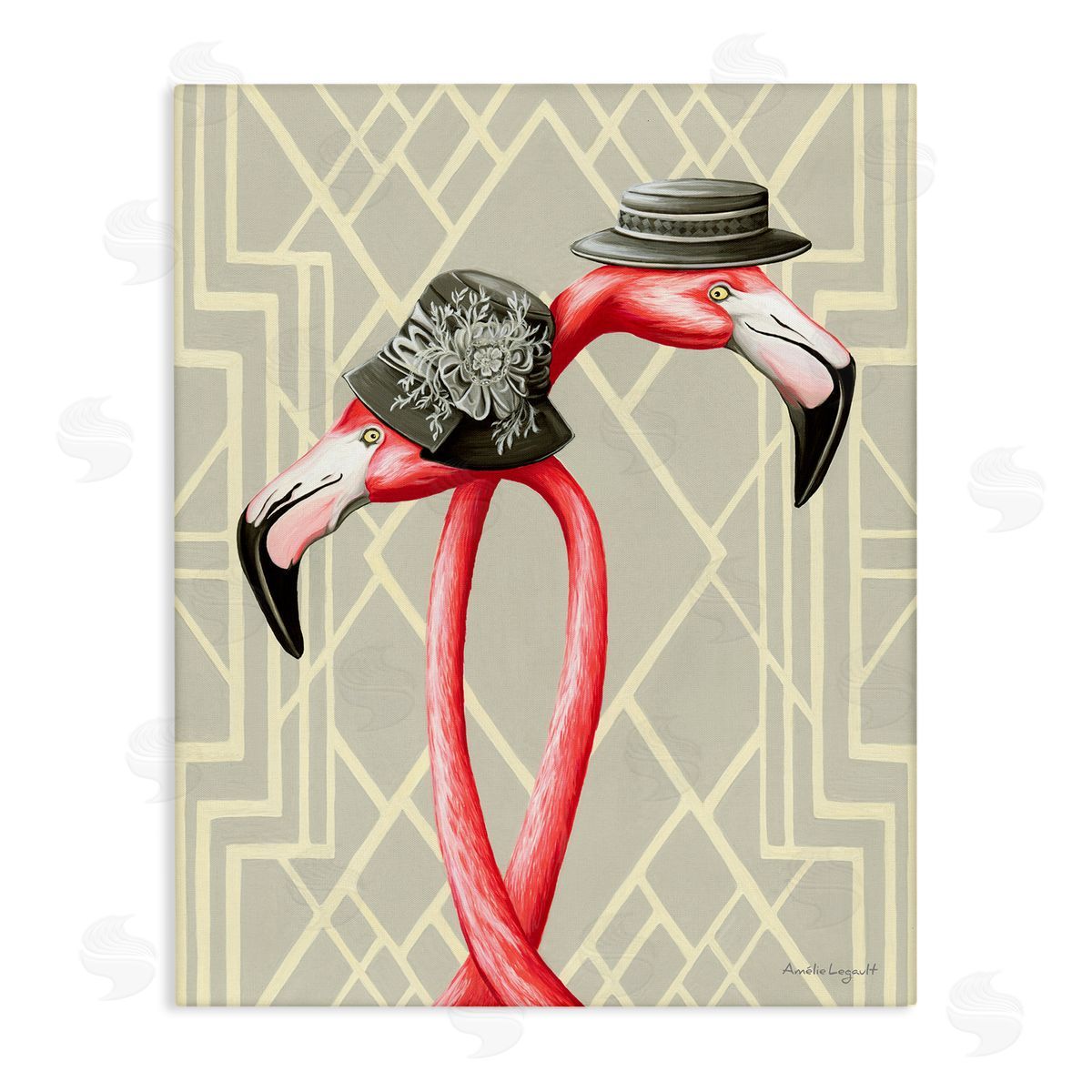 Amelie Legault Pink Flamingos Intertwining Vintage Hats Shapes  Stretched Canvas Wall Art Print