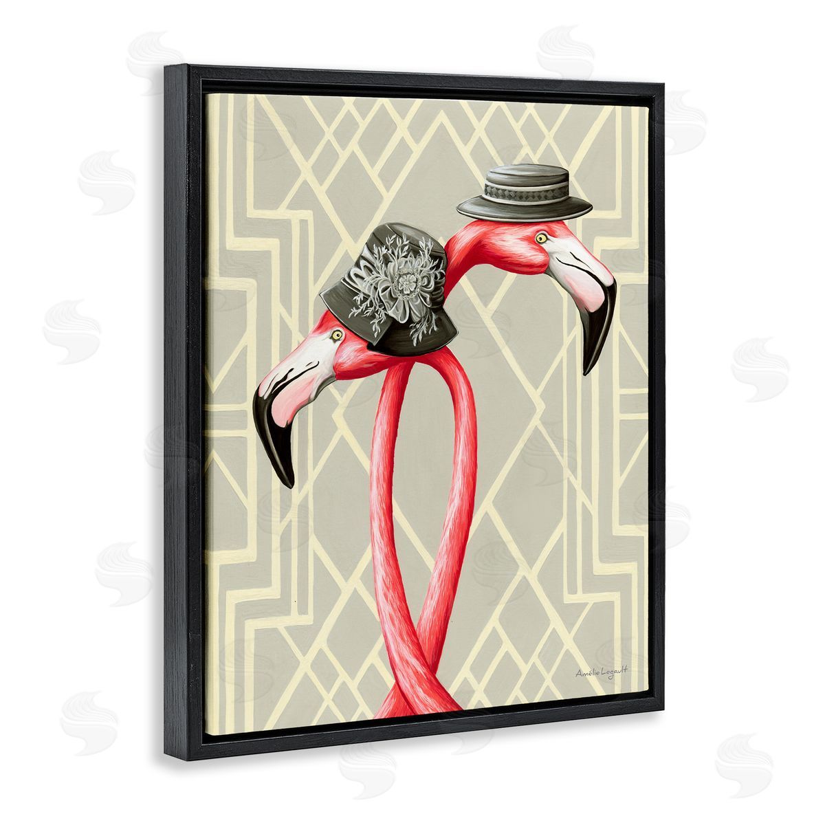 Amelie Legault Pink Flamingos Intertwining Vintage Hats Shapes  Black Floating Frame Canvas Wall Art Print