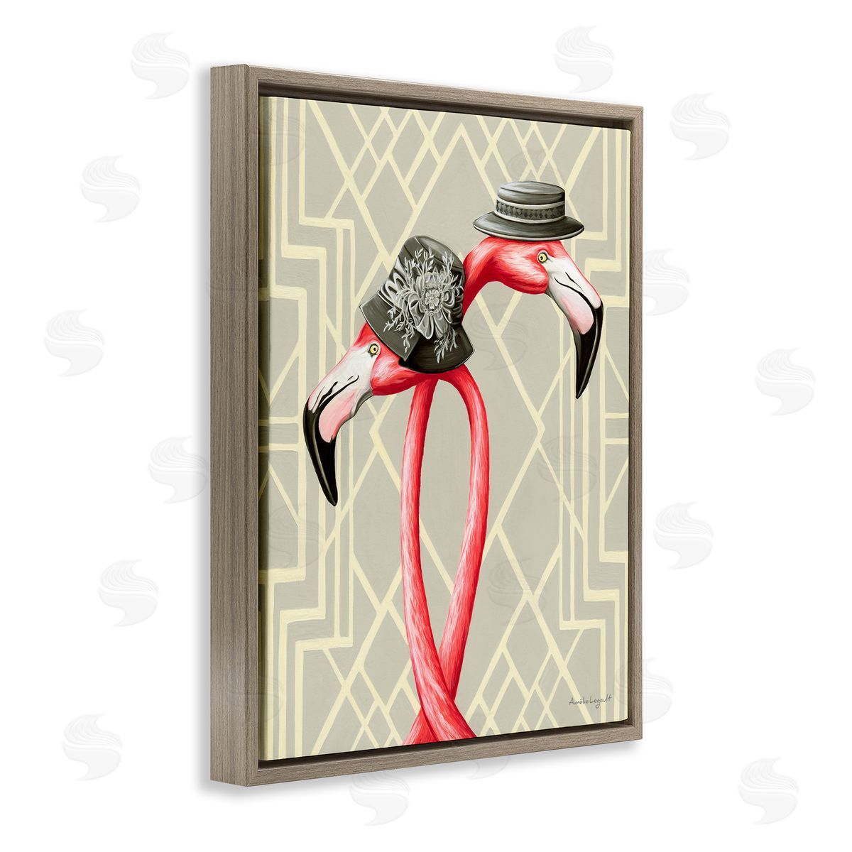 Amelie Legault Pink Flamingos Intertwining Vintage Hats Shapes  Brown Floating Frame Canvas Wall Art Print
