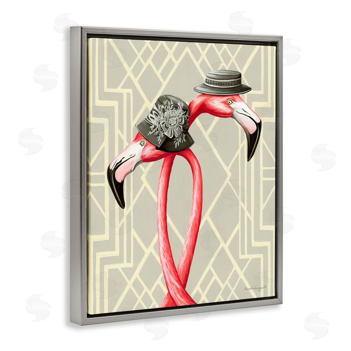 Amelie Legault Pink Flamingos Intertwining Vintage Hats Shapes  Gray Floating Frame Canvas Wall Art Print