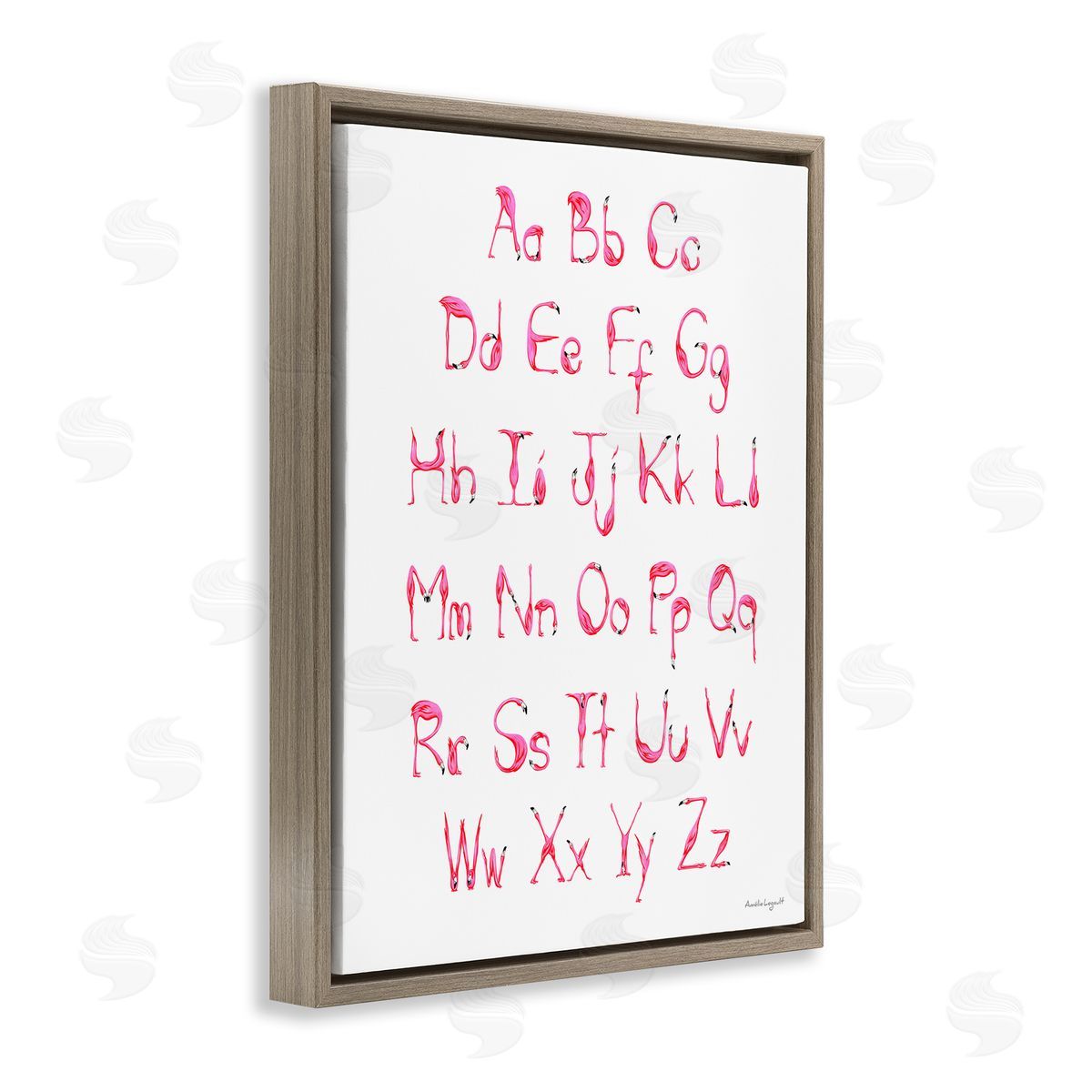 Amelie Legault Flamingo Shaped Letters Alphabet Pink Typography Brown Floating Frame Canvas Wall Art Print