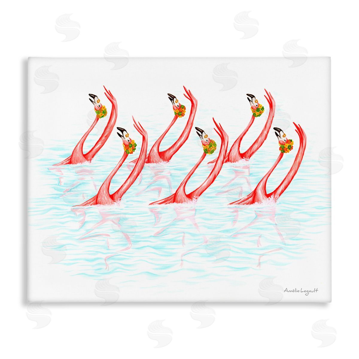 Amelie Legault Six Flamingoes Birds Synchronized Swimming Floral Caps Stretched Canvas Wall Art Print