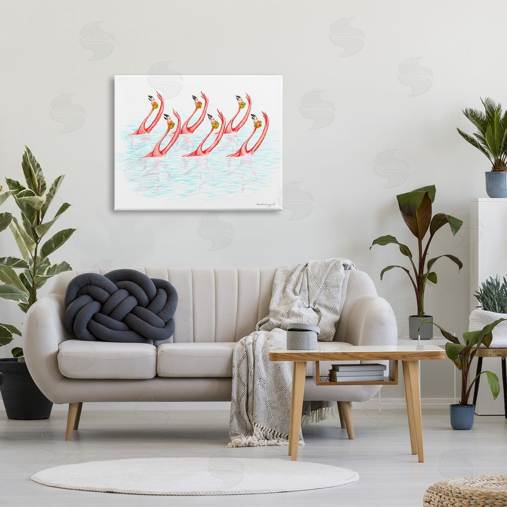 Amelie Legault Six Flamingoes Birds Synchronized Swimming Floral Caps Canvas Wall Art Print in Room