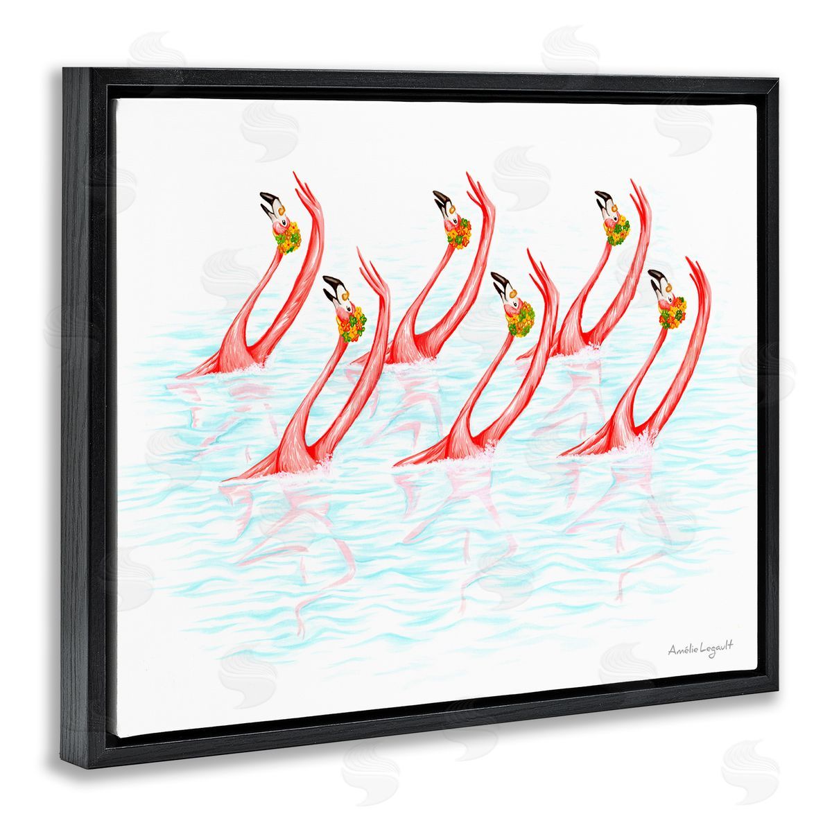 Amelie Legault Six Flamingoes Birds Synchronized Swimming Floral Caps Black Floating Frame Canvas Wall Art Print