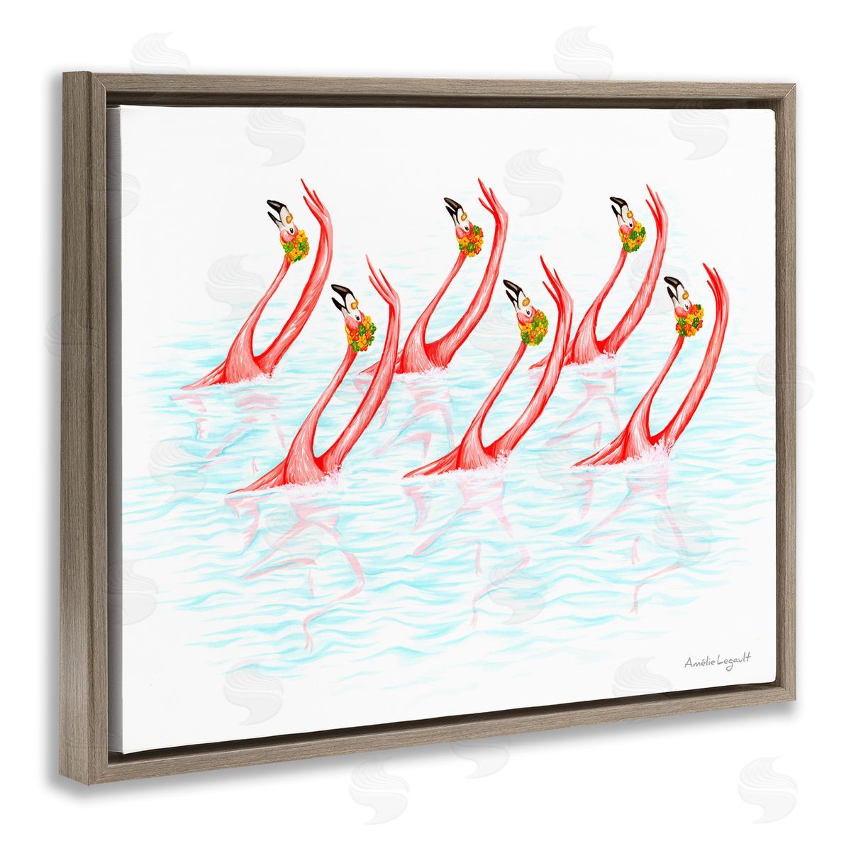 Amelie Legault Six Flamingoes Birds Synchronized Swimming Floral Caps Brown Floating Frame Canvas Wall Art Print