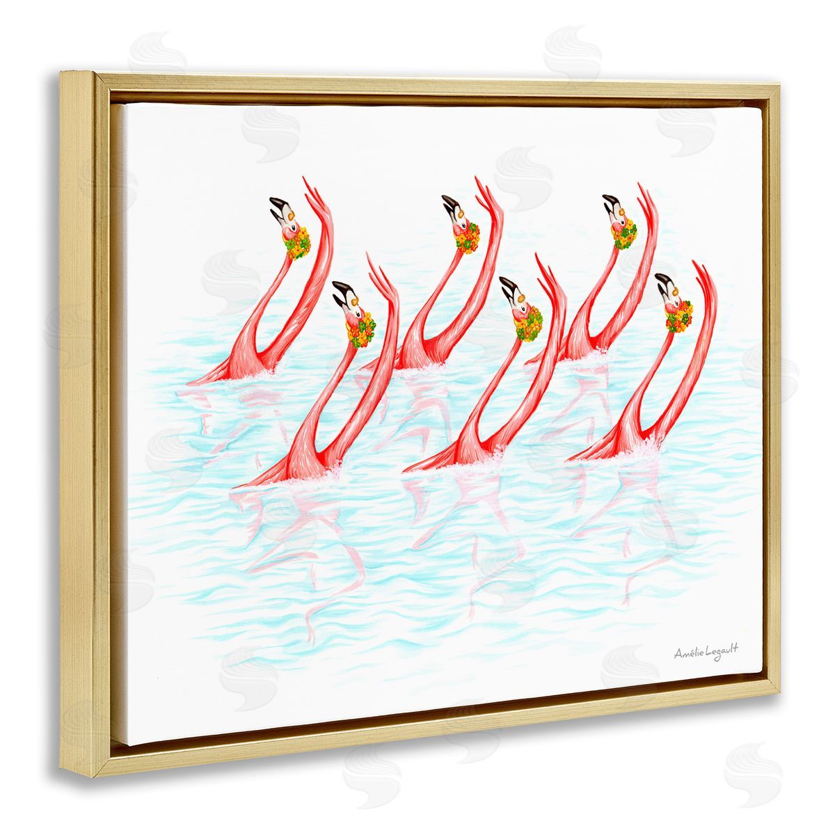 Amelie Legault Six Flamingoes Birds Synchronized Swimming Floral Caps Gold Floating Frame Canvas Wall Art Print