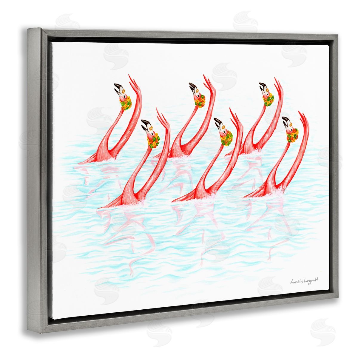 Amelie Legault Six Flamingoes Birds Synchronized Swimming Floral Caps Gray Floating Frame Canvas Wall Art Print