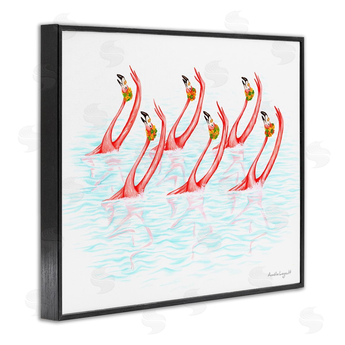 Amelie Legault Six Flamingoes Birds Synchronized Swimming Floral Caps Black Framed Giclee Wall Art Print