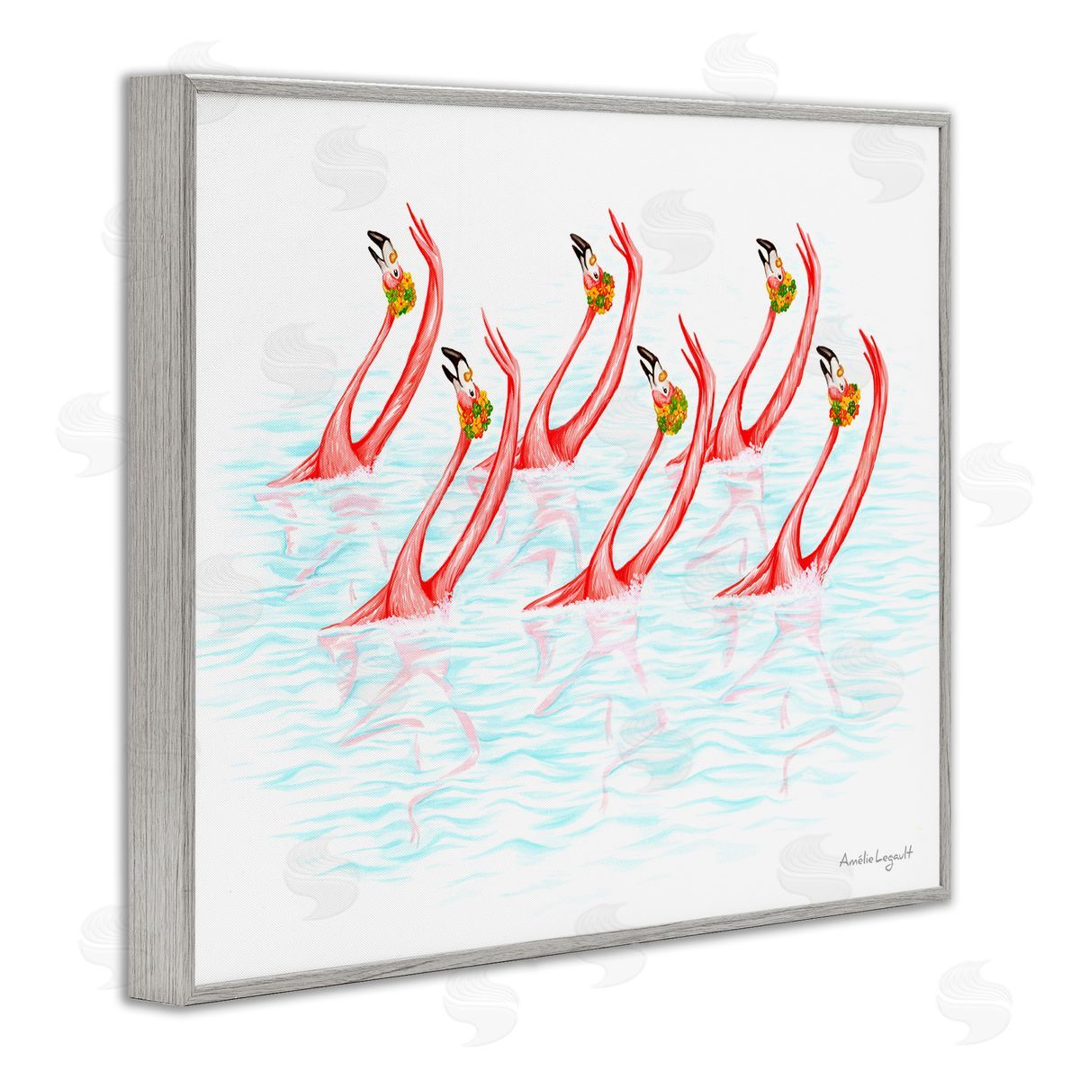 Amelie Legault Six Flamingoes Birds Synchronized Swimming Floral Caps Gray Framed Giclee Wall Art Print