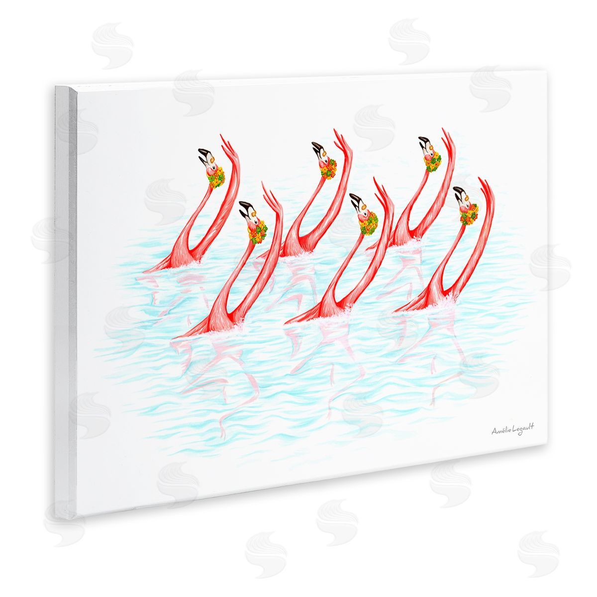 Amelie Legault Six Flamingoes Birds Synchronized Swimming Floral Caps Wall Plaque Art Print