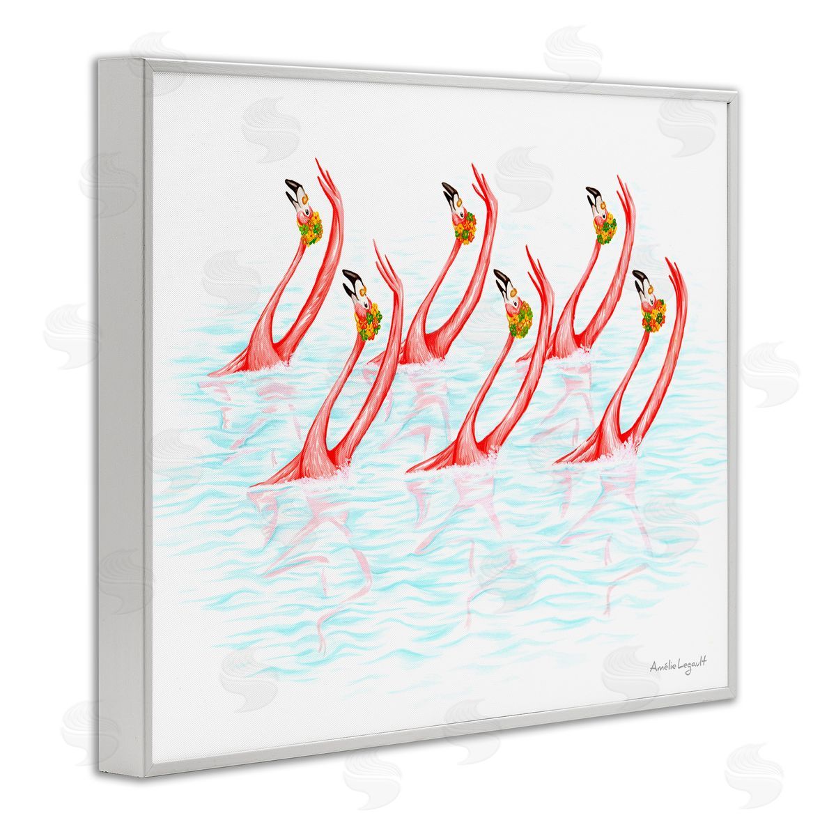 Amelie Legault Six Flamingoes Birds Synchronized Swimming Floral Caps White Framed Giclee Wall Art Print