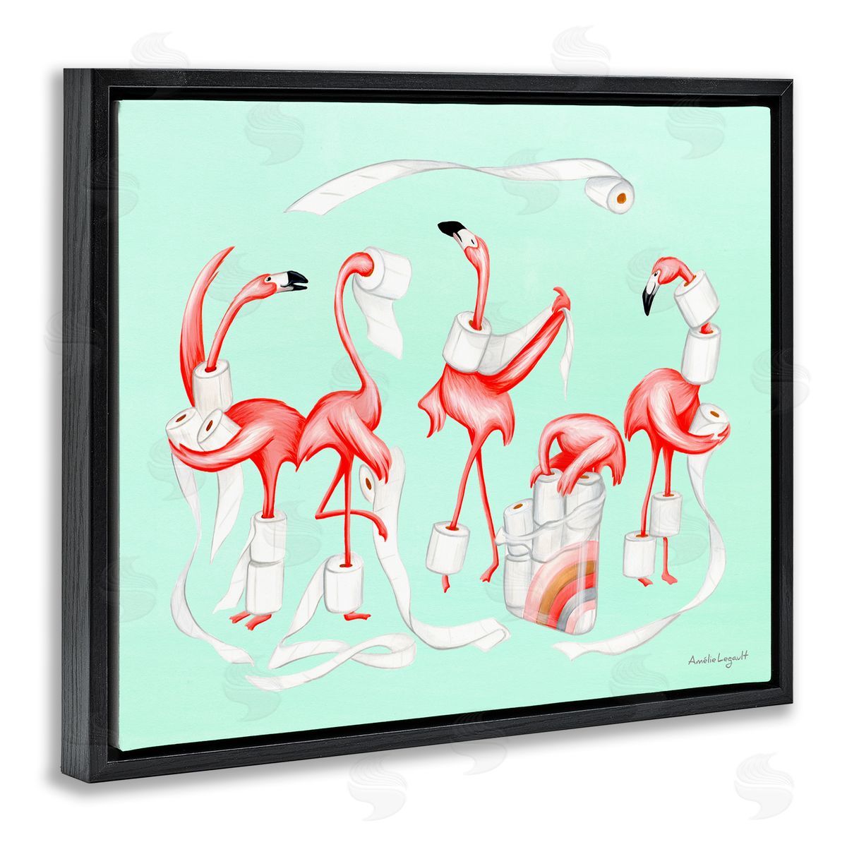 Amelie Legault Silly Flamingos Toilet Paper Rolls Bathroom Illustration  Black Floating Frame Canvas Wall Art Print