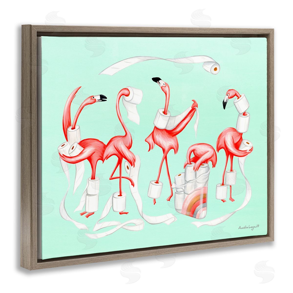 Amelie Legault Silly Flamingos Toilet Paper Rolls Bathroom Illustration  Brown Floating Frame Canvas Wall Art Print