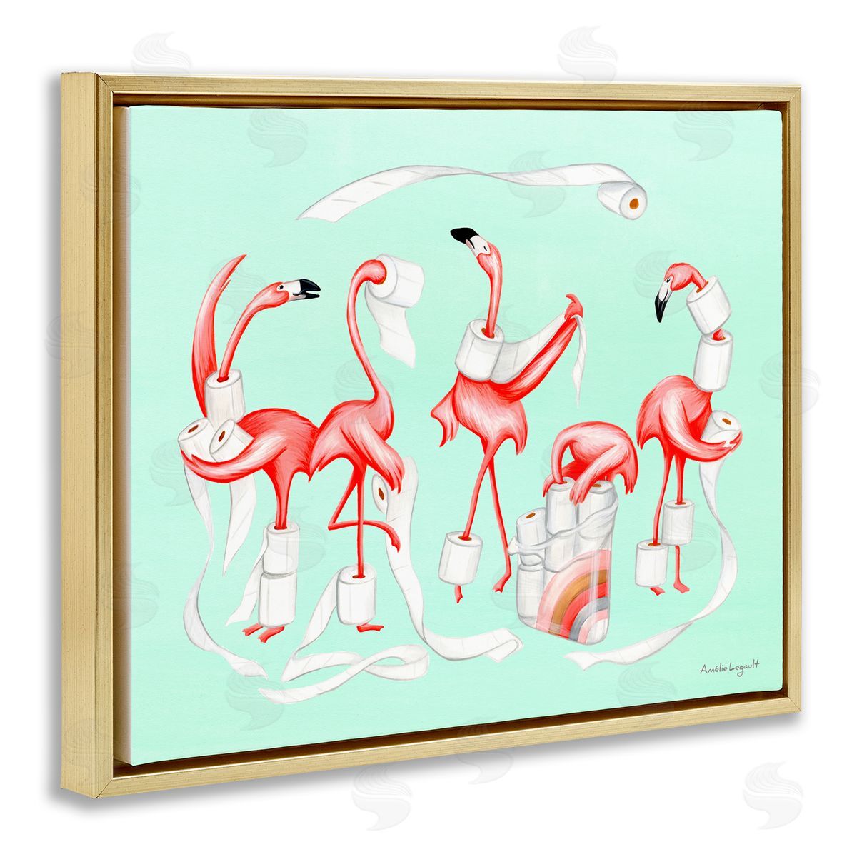 Amelie Legault Silly Flamingos Toilet Paper Rolls Bathroom Illustration  Gold Floating Frame Canvas Wall Art Print
