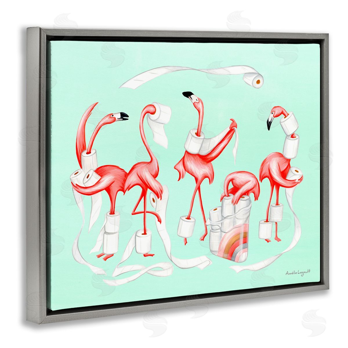Amelie Legault Silly Flamingos Toilet Paper Rolls Bathroom Illustration  Gray Floating Frame Canvas Wall Art Print