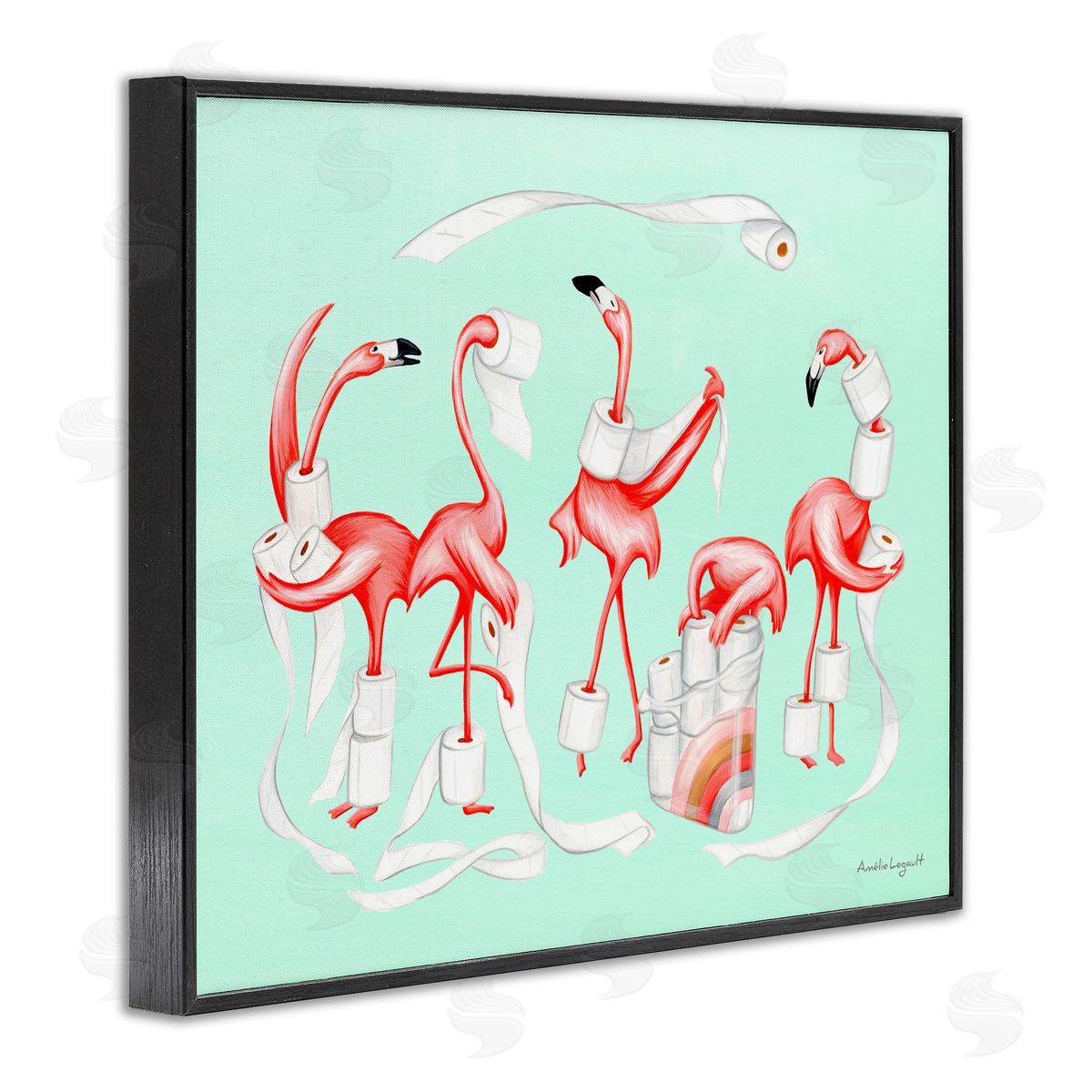 Amelie Legault Silly Flamingos Toilet Paper Rolls Bathroom Illustration  Black Framed Giclee Wall Art Print