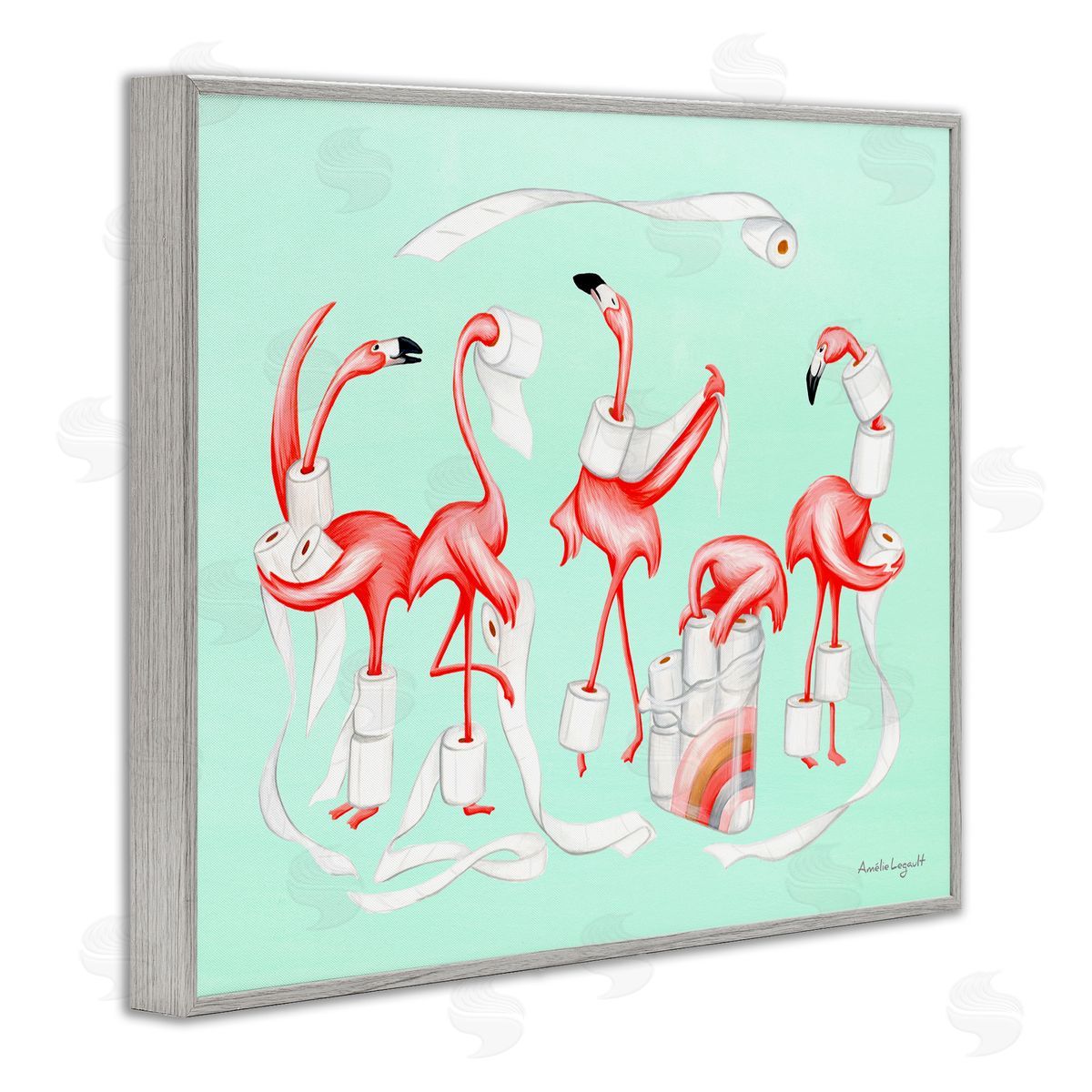 Amelie Legault Silly Flamingos Toilet Paper Rolls Bathroom Illustration  Gray Framed Giclee Wall Art Print