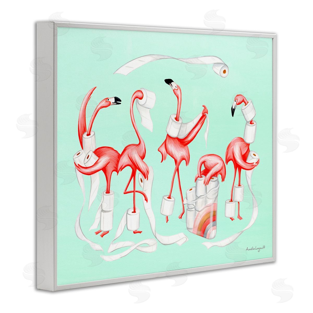 Amelie Legault Silly Flamingos Toilet Paper Rolls Bathroom Illustration  White Framed Giclee Wall Art Print