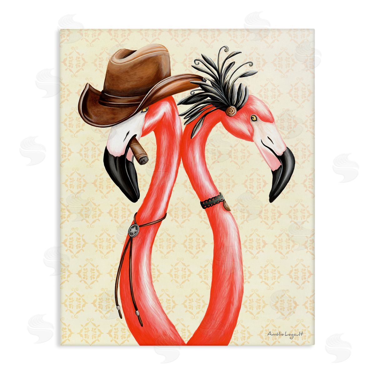 Amelie Legault Vintage Flamingos Cowboy Hat Antique Fashion Outfit Stretched Canvas Wall Art Print