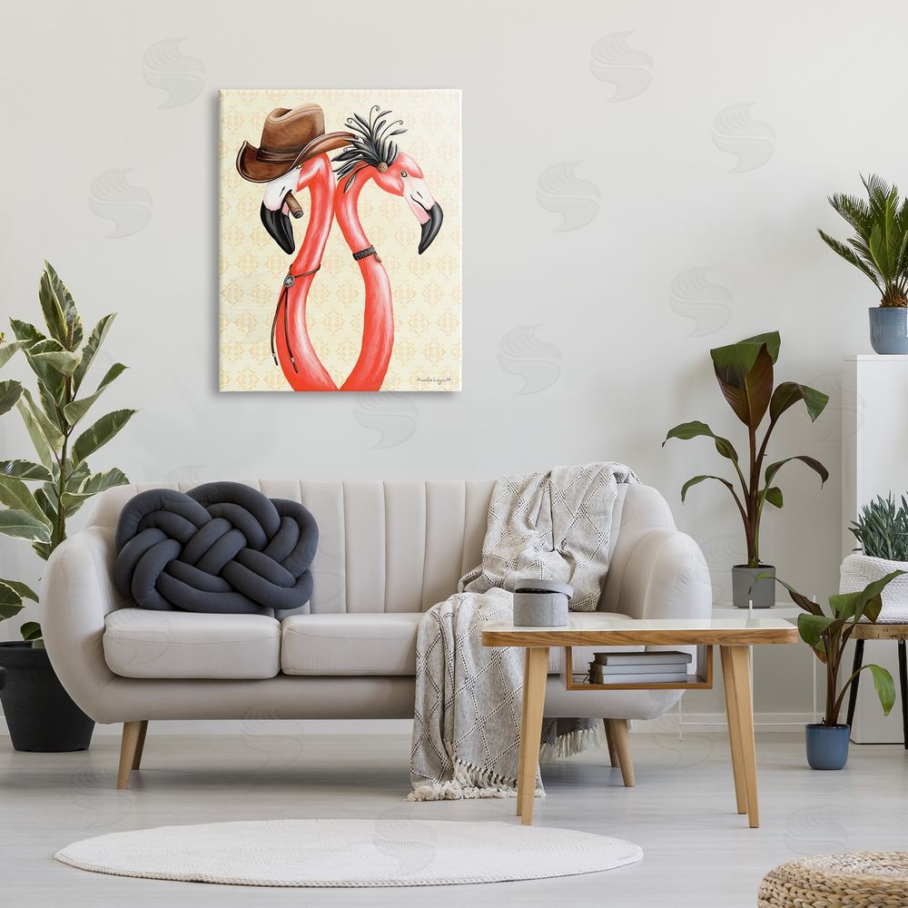 Amelie Legault Vintage Flamingos Cowboy Hat Antique Fashion Outfit Canvas Wall Art Print in Room