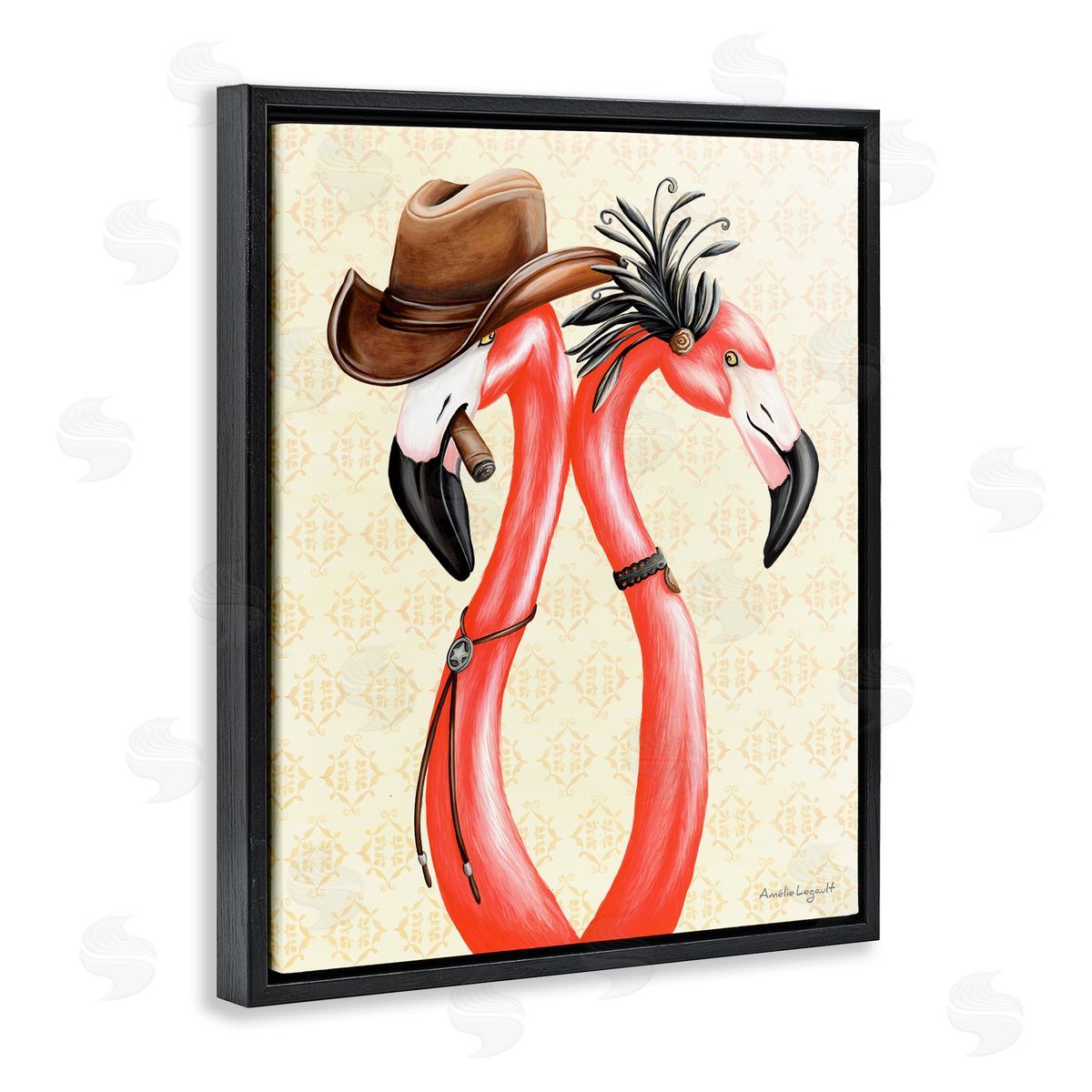 Amelie Legault Vintage Flamingos Cowboy Hat Antique Fashion Outfit Black Floating Frame Canvas Wall Art Print