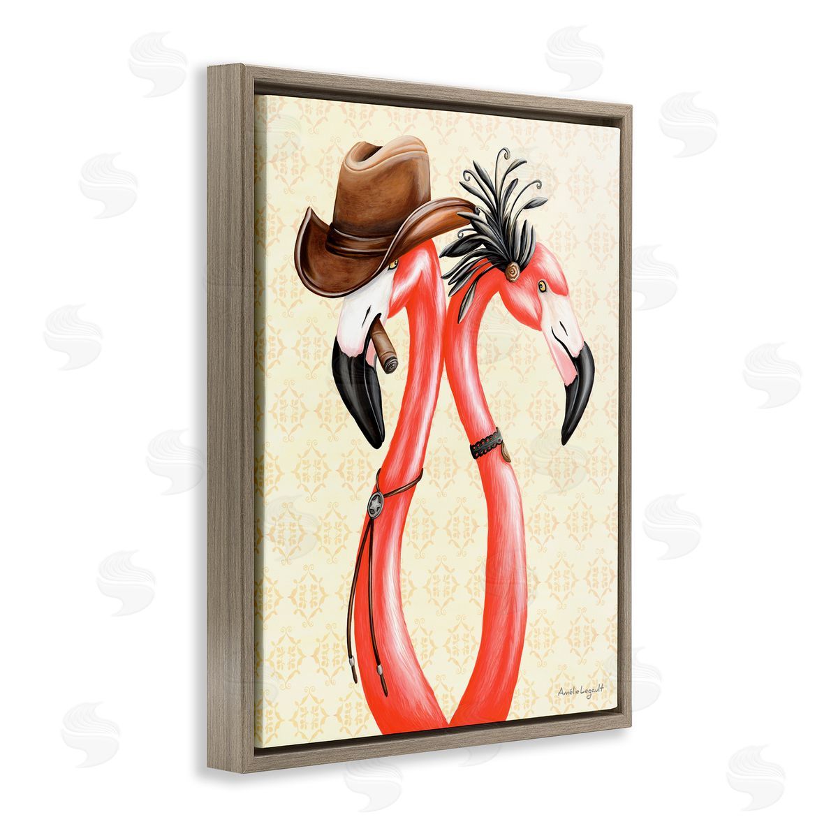 Amelie Legault Vintage Flamingos Cowboy Hat Antique Fashion Outfit Brown Floating Frame Canvas Wall Art Print