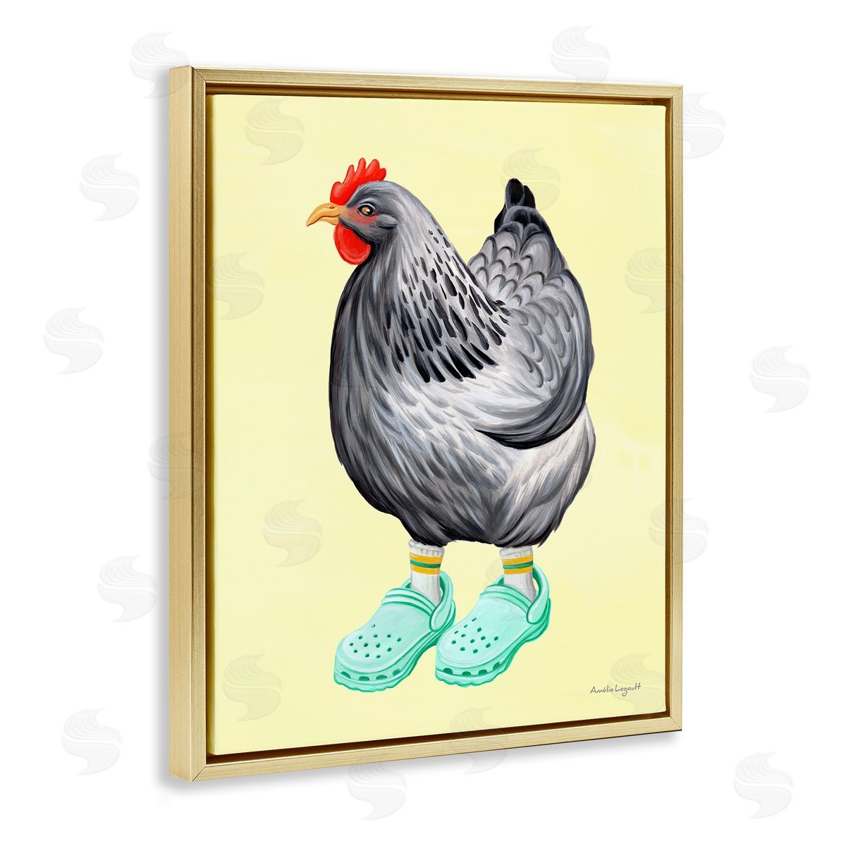 Amelie Legault Chicken Hen Vibrant Rubber Clogs Farm Animal Gold Floating Frame Canvas Wall Art Print