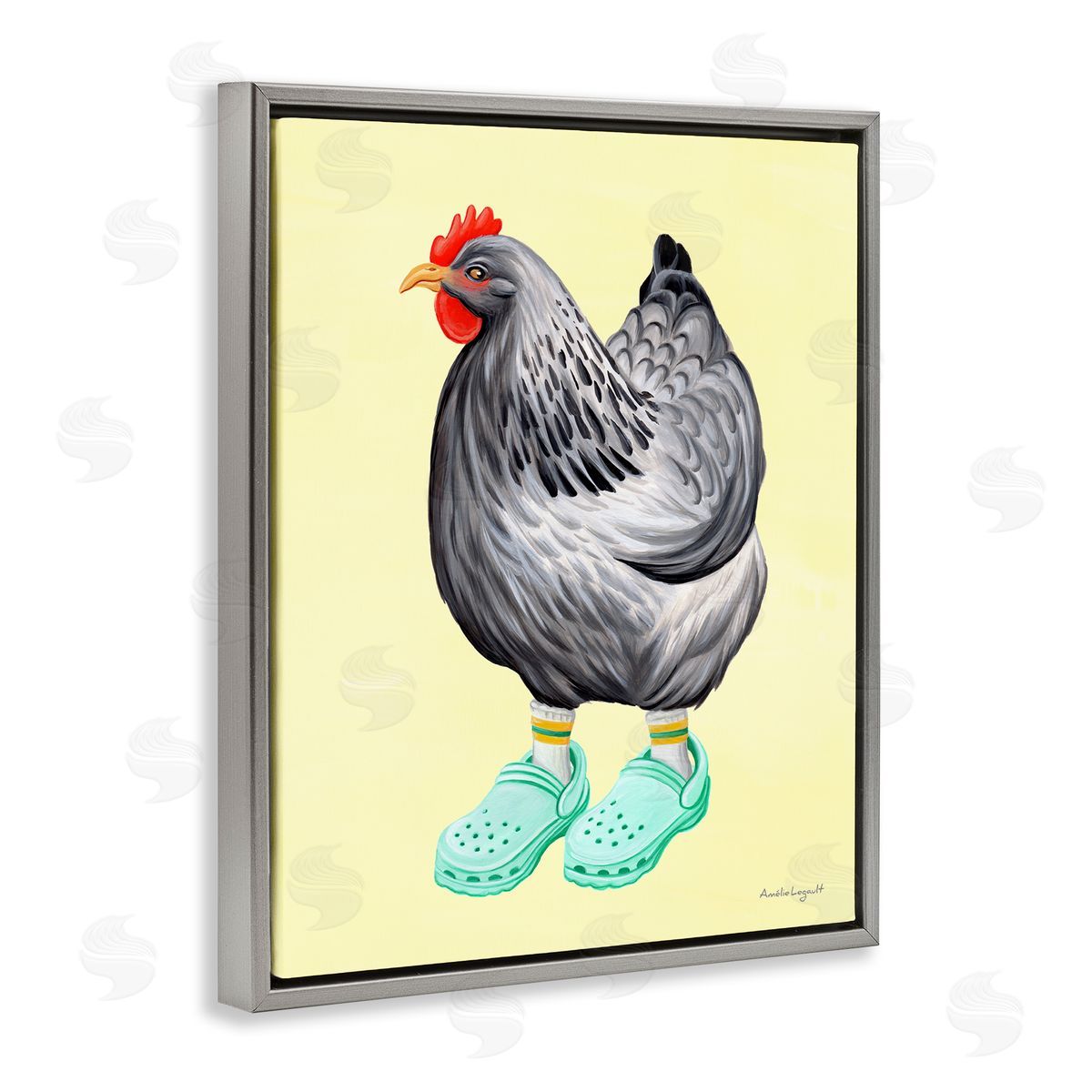Amelie Legault Chicken Hen Vibrant Rubber Clogs Farm Animal Gray Floating Frame Canvas Wall Art Print