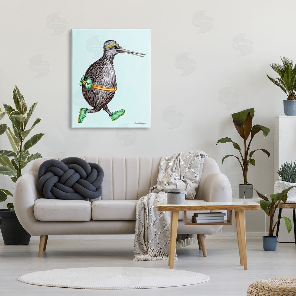 Amelie Legault Kiwi Bird Jogging Exercise Clothing Sneakers Illustration Canvas Wall Art Print in Room