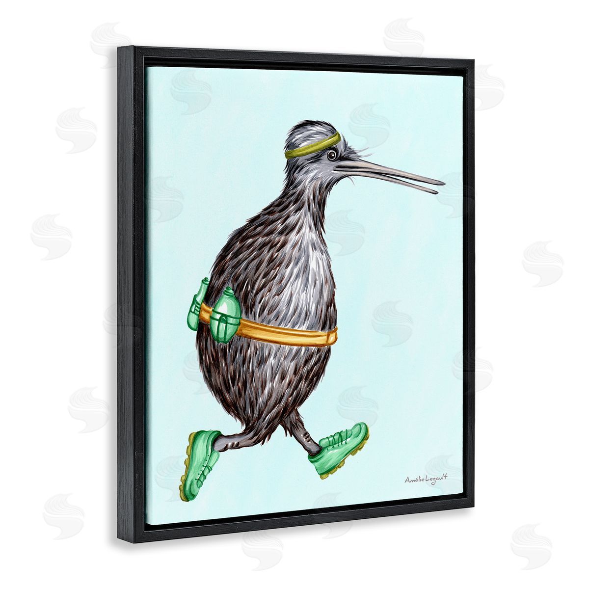 Amelie Legault Kiwi Bird Jogging Exercise Clothing Sneakers Illustration Black Floating Frame Canvas Wall Art Print