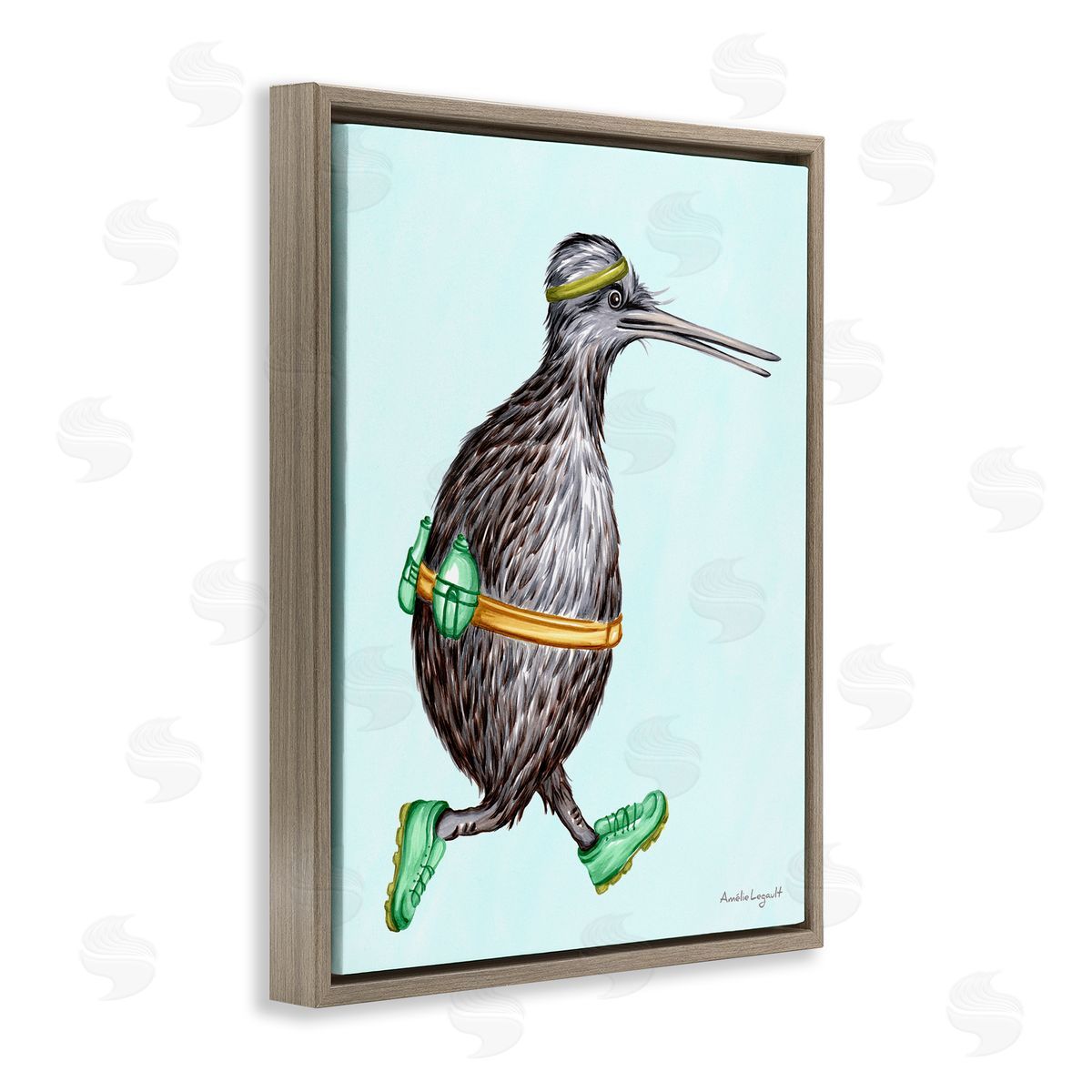 Amelie Legault Kiwi Bird Jogging Exercise Clothing Sneakers Illustration Brown Floating Frame Canvas Wall Art Print