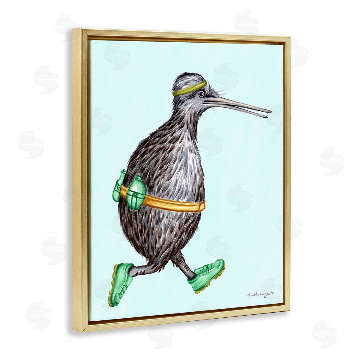 Amelie Legault Kiwi Bird Jogging Exercise Clothing Sneakers Illustration Gold Floating Frame Canvas Wall Art Print