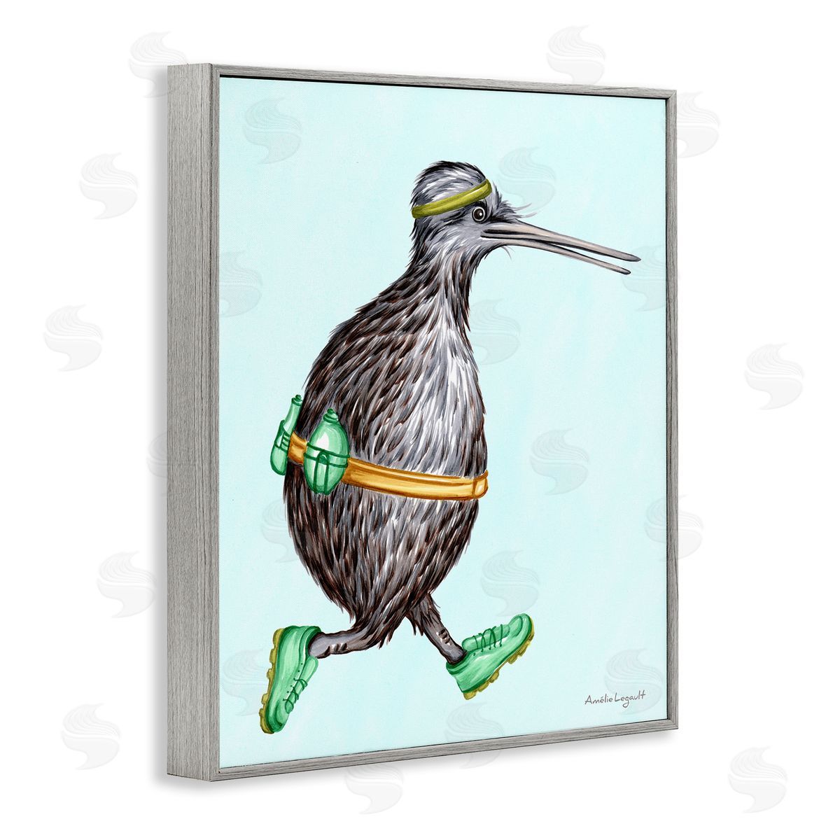 Amelie Legault Kiwi Bird Jogging Exercise Clothing Sneakers Illustration Gray Framed Giclee Wall Art Print
