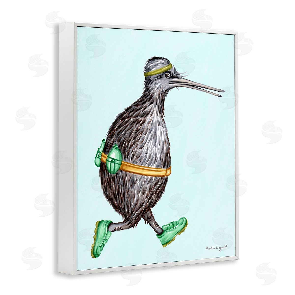 Amelie Legault Kiwi Bird Jogging Exercise Clothing Sneakers Illustration White Framed Giclee Wall Art Print