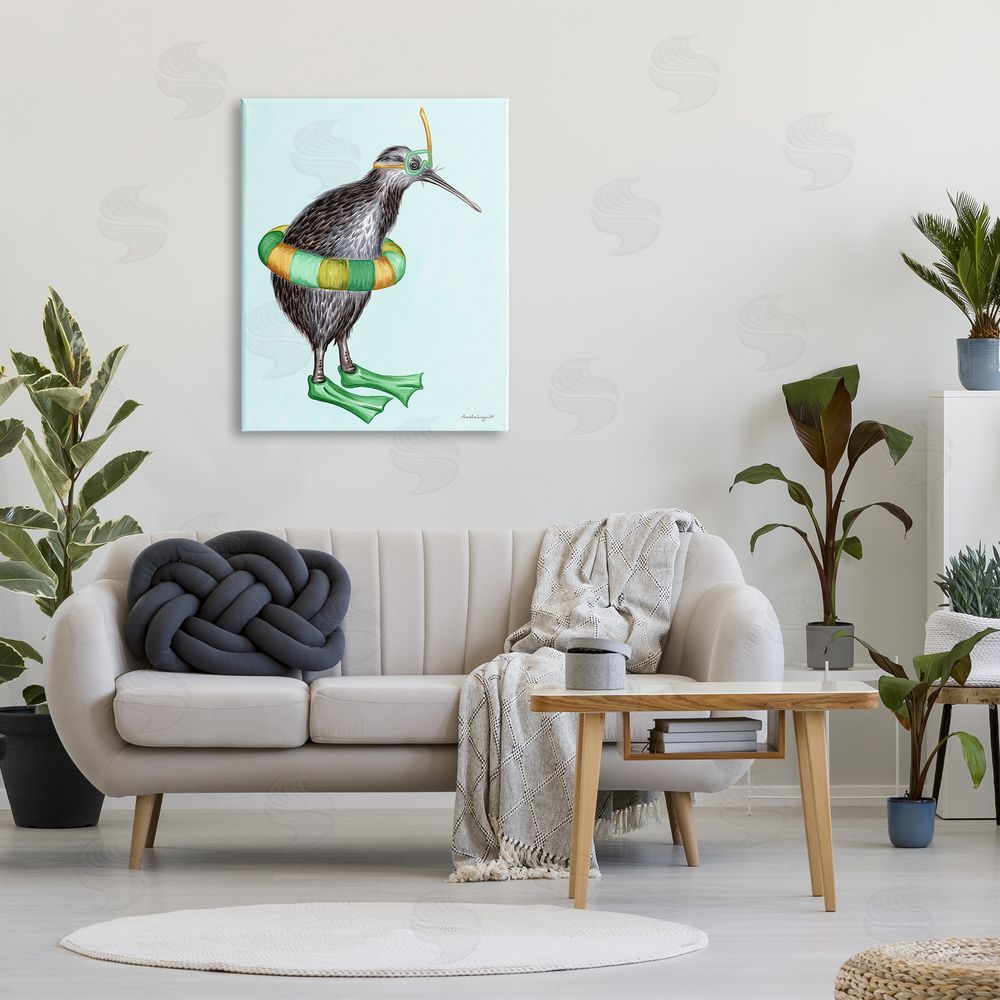 Amelie Legault Kiwi Bird Swimming Tube Flippers Summertime Illustration Canvas Wall Art Print in Room