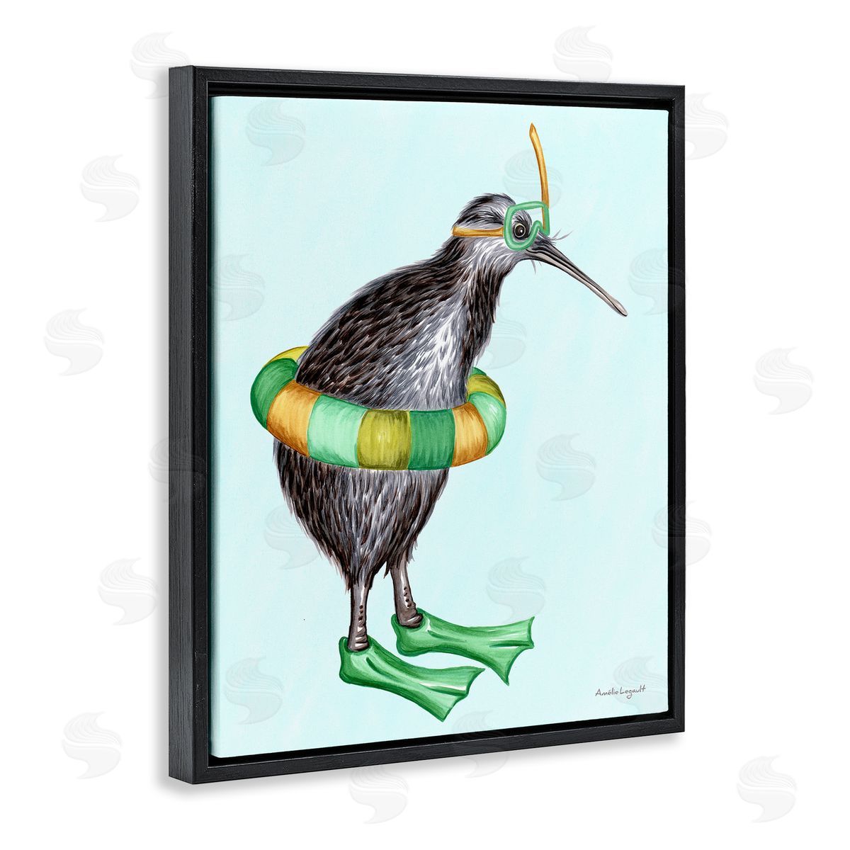 Amelie Legault Kiwi Bird Swimming Tube Flippers Summertime Illustration Black Floating Frame Canvas Wall Art Print