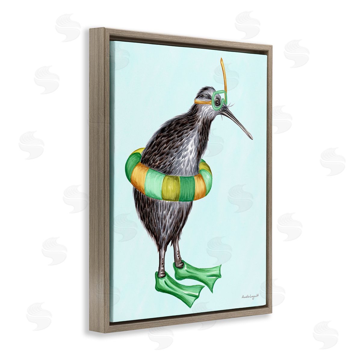 Amelie Legault Kiwi Bird Swimming Tube Flippers Summertime Illustration Brown Floating Frame Canvas Wall Art Print