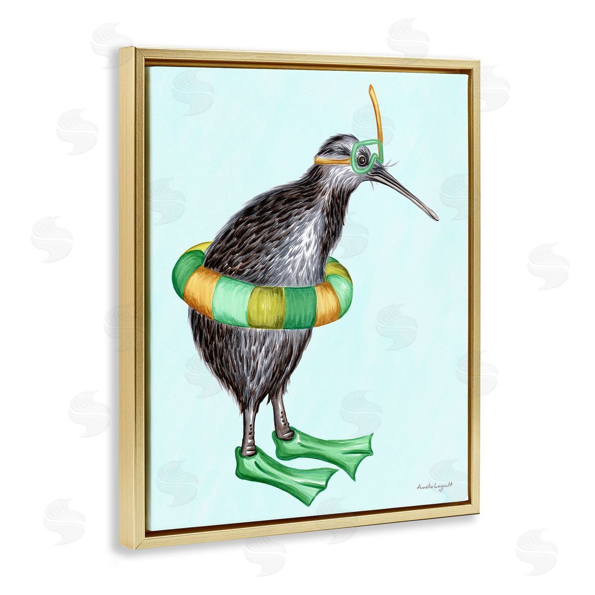 Amelie Legault Kiwi Bird Swimming Tube Flippers Summertime Illustration Gold Floating Frame Canvas Wall Art Print