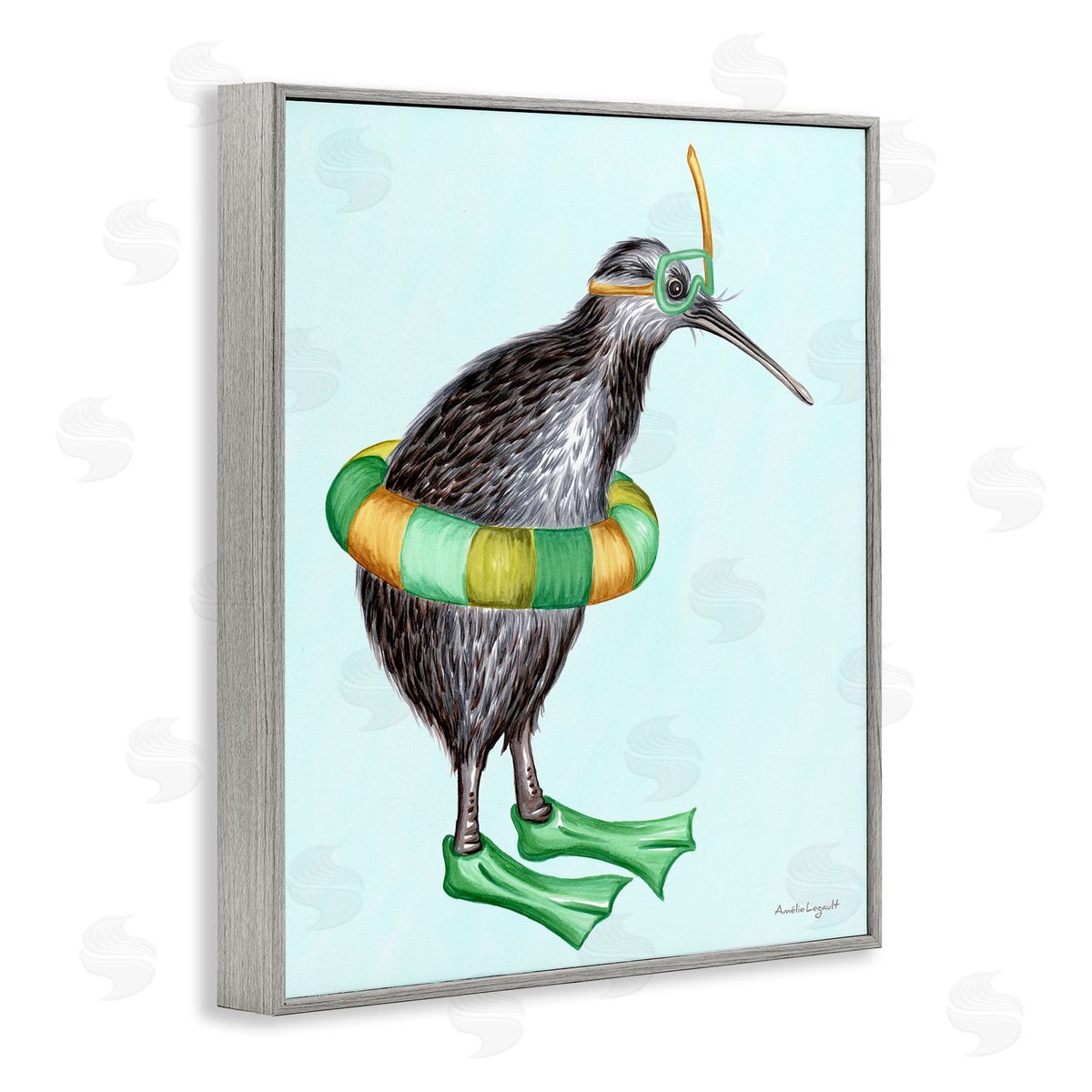 Amelie Legault Kiwi Bird Swimming Tube Flippers Summertime Illustration Gray Framed Giclee Wall Art Print