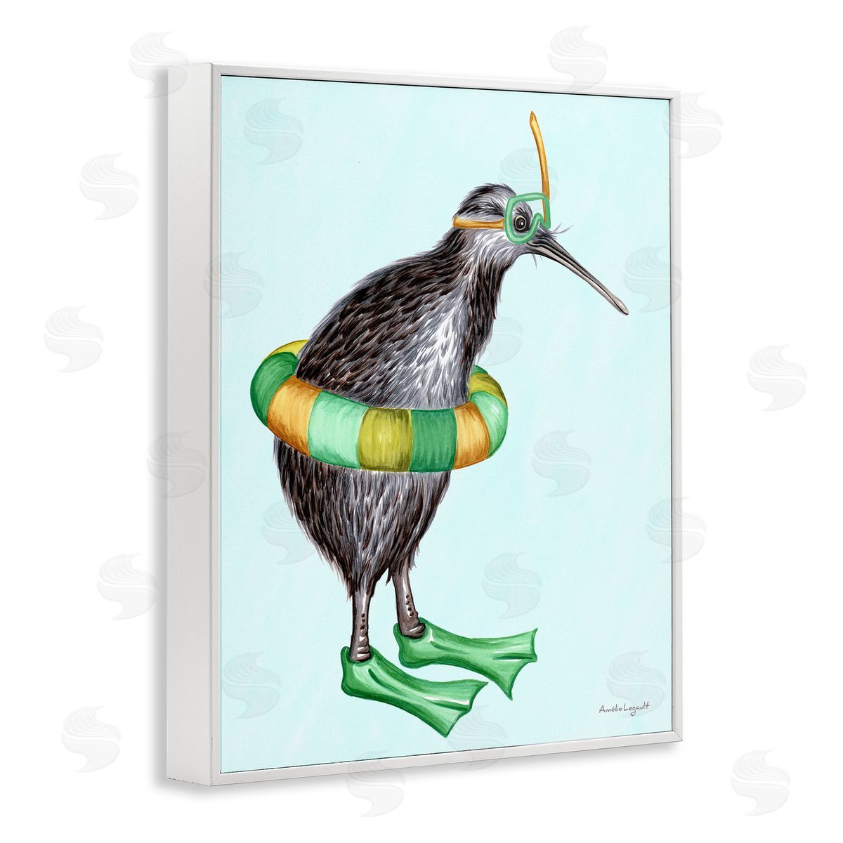 Amelie Legault Kiwi Bird Swimming Tube Flippers Summertime Illustration White Framed Giclee Wall Art Print