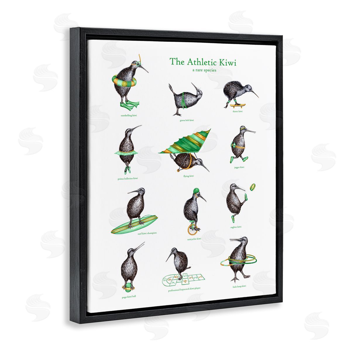 Amelie Legault Athletic Kiwi  Exercises Bird Drawings Chart Black Floating Frame Canvas Wall Art Print