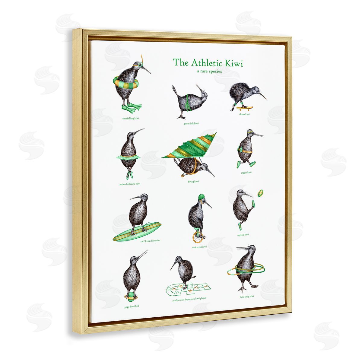 Amelie Legault Athletic Kiwi  Exercises Bird Drawings Chart Gold Floating Frame Canvas Wall Art Print