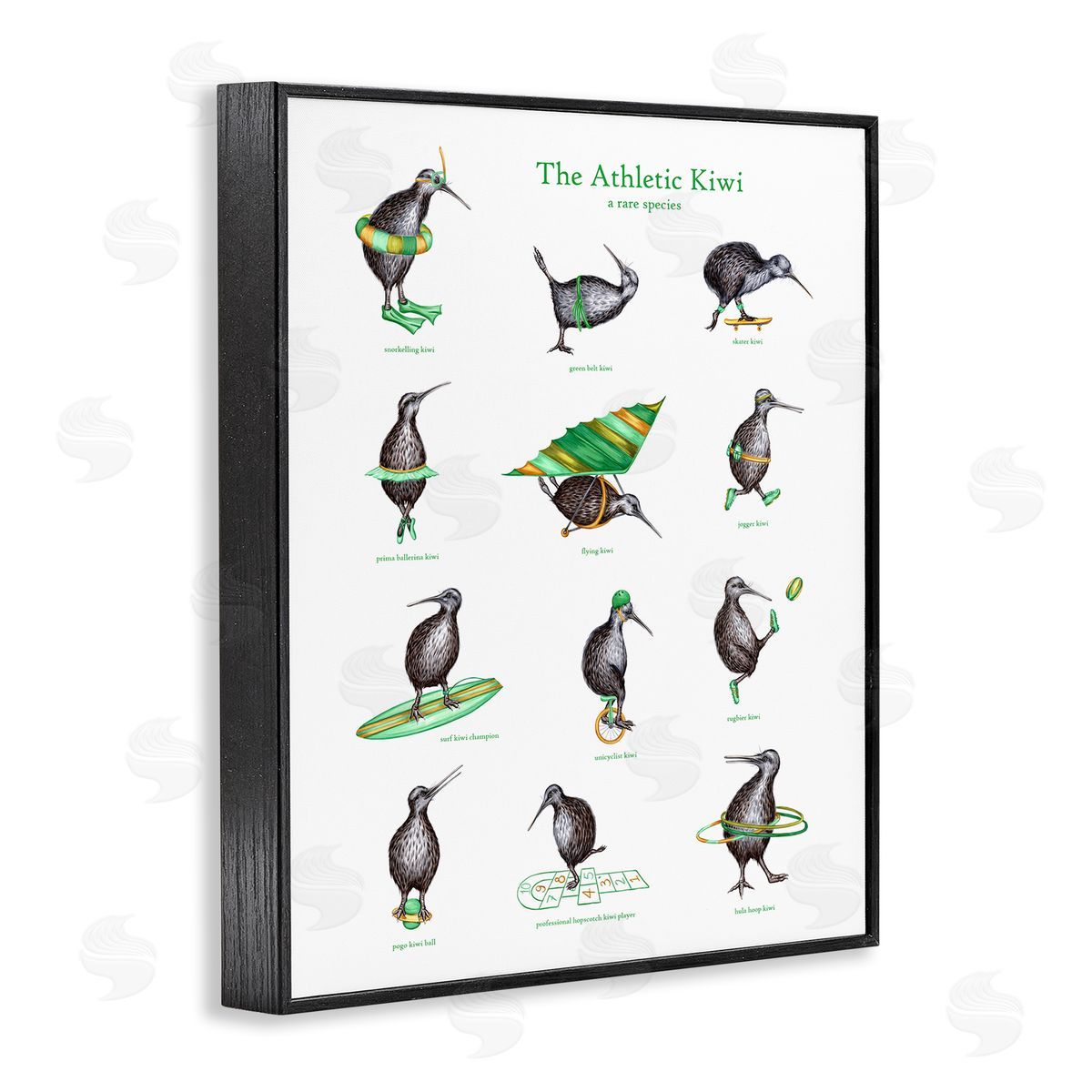Amelie Legault Athletic Kiwi  Exercises Bird Drawings Chart Black Framed Giclee Wall Art Print
