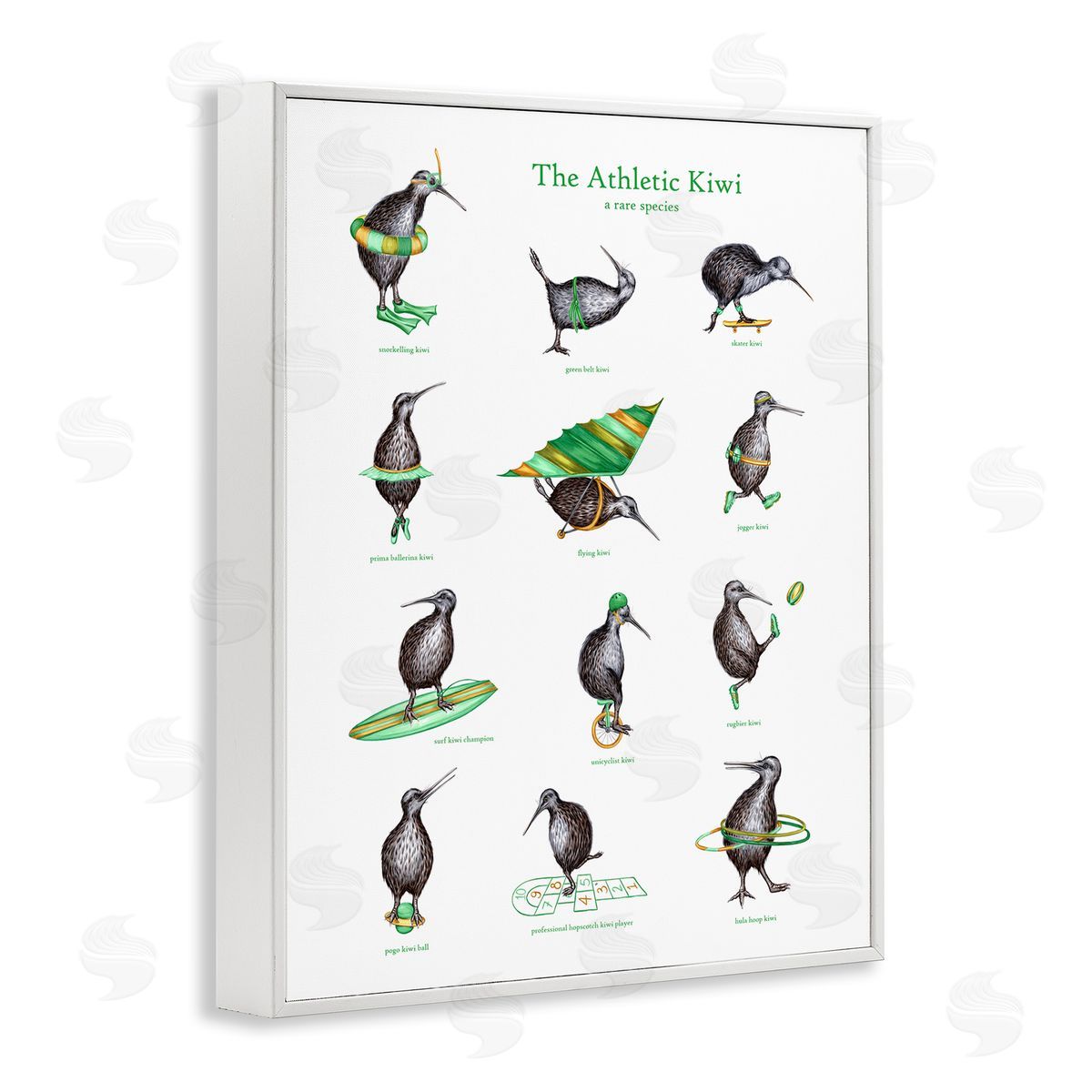 Amelie Legault Athletic Kiwi  Exercises Bird Drawings Chart White Framed Giclee Wall Art Print